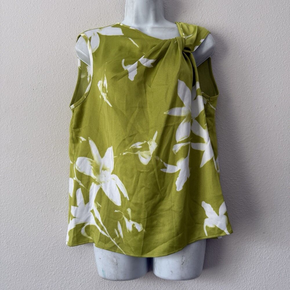 Calvin Klein Size L Chartreuse Olive Green White Floral Knot Neck Sleeveless Top